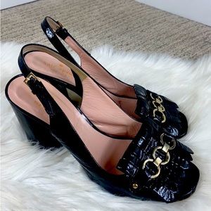 Kate Spade New York Black Patent Leather Gold Ring Slingback Block Heel